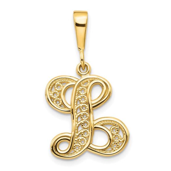 14k Yellow Gold, Maci Collection, LG Filigree Script Initial L Pendant - Picture 1 of 5